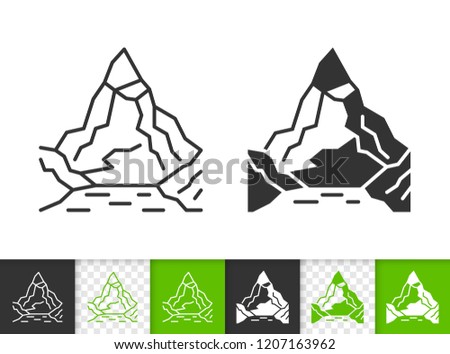 Mountain black linear, silhouette icons. Thin line sign of nature landscape. High Peak outline pictogram isolated on white, transparent background. Vector Climbing simple shape. Closeup ridge symbol