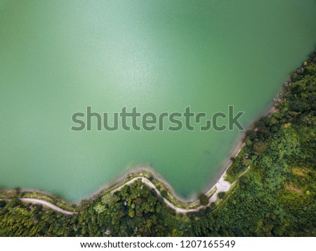 Top view of the Lagoa Verde - lake in Sete Cidades volcanic craters on San Miguel island, Azores, Portugal. 