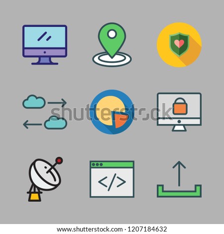 information icon set. vector set about shield, upload, satellite dish and pie chart icons set.