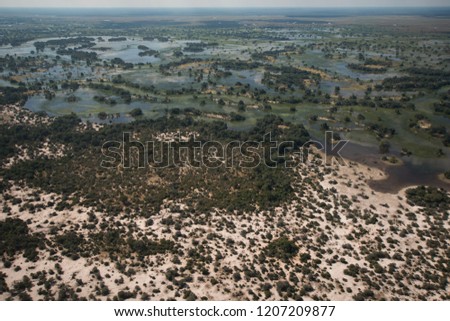 An aerial view capturing the swirling patterns of lush vegetation, water and land in the Okavango Delta, Botswana