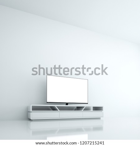 Smart TV with blank screen in minimalist room. Clipping path included. 3D rendering