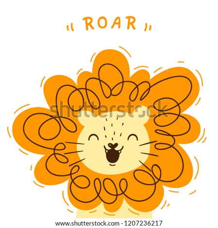Cartoon lion with text roar, cartoon character, vector.