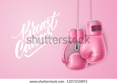 Breast cancer lettering awareness poster with realistic pink boxing gloves near calligraphy script. Women health care support symbol. female hope and fight concept. Vector illustration on pink Royalty-Free Stock Photo #1207250893
