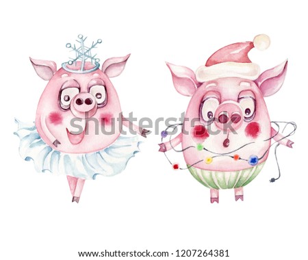 Hand drawn watercolor illustration of cute pigs.Dedicated to New Year and Christmas holidays.Chinese symbol of New Year 2019.Cartoon concept.