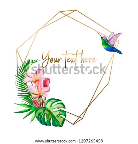 Geometric golden frame with watercolor hummingbirds, tropical leaves and flowers isolated on white background.