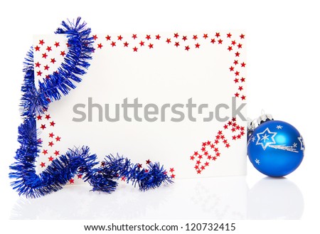 Red card on New Year 2013 with blue tinsel and blue ball isolated on white
