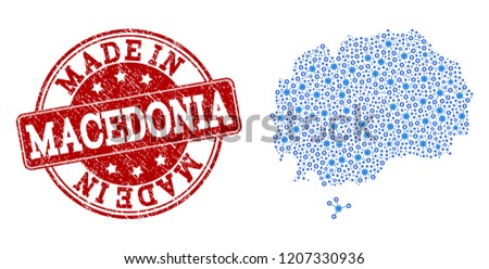 Map of Macedonia vector mosaic and Made In grunge stamp. Map of Macedonia formed with blue gear relations. Made in red seal with grunge rubber texture.