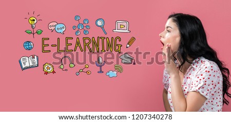E-Learning with young woman speaking on a pink background