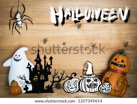 halloween object concept with wooden background.Halloween Pumpkins on wood. Halloween Background hand drawing.