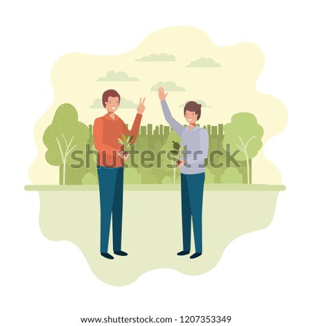 men gardeners with landscape avatar character