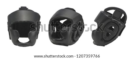 set black sports boxing helmet for training, on white background, isolated. sportswear Royalty-Free Stock Photo #1207359766