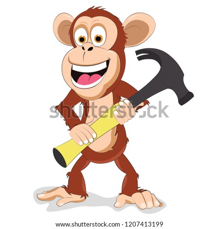 Monkey standing with a hammer in hand joyful happy smiling