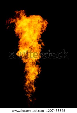 Bright isolated fire, jet goes from flamethrower Royalty-Free Stock Photo #1207435846