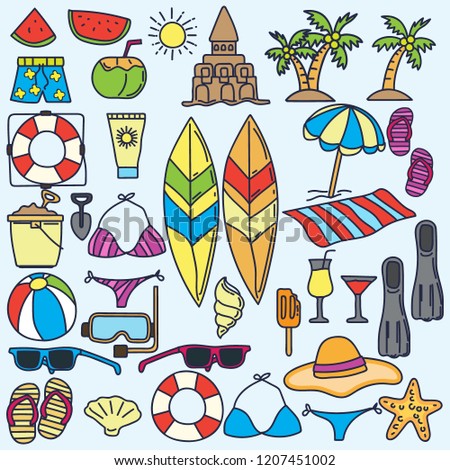 set of Summer vector icon sumbrella, hat, sand, beaches, sand castles, glasses and so on  in doodle style with plain backgrounds. vector illustration