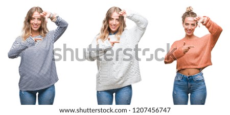 Young beautiful young woman wearing casual look over white isolated background smiling making frame with hands and fingers with happy face. Creativity and photography concept.