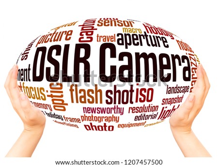 DSLR Camera word cloud hand sphere concept on white background.