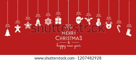 Concept of Christmas greeting card with hanging ornaments and greetings. Vector.