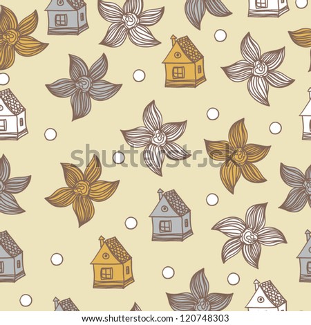 Seamless pattern with flowers and houses Vector vintage background.