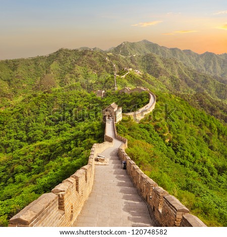 Great Wall of China during sunset Royalty-Free Stock Photo #120748582