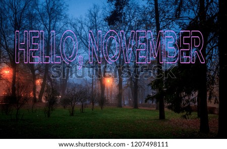 hello november nature banner. Autumn foggy morning. city lights early in the morning in the fog. banner Hello November,