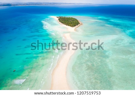 Aerial view of Nosy Iranja with a turquoise sea and white sand, north of nosy be, a beautiful island in madascar, africa Royalty-Free Stock Photo #1207519753