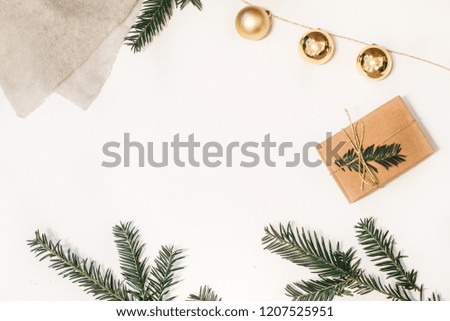 Green and gold christmas flat lay composition. Top view.
