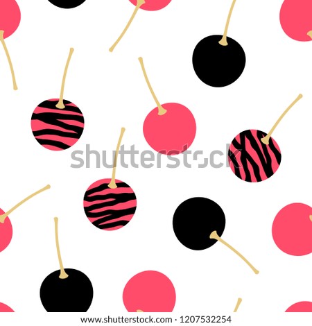 Modern, fashionable, bright cherry seamless pattern. Pink, black and exquisite textured cherries. 