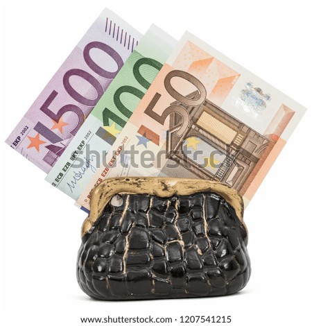 Decorative wallet with money, isolated on white background with clipping path

