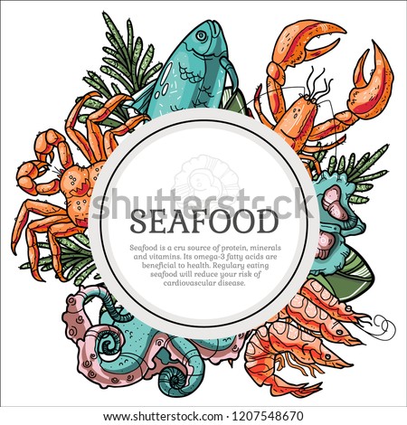 Seafood hand drawn vector framed illustration. Good for food banner, business promote, food packaging. Includes fish, crab, lobster, seashells and octopus with herbs