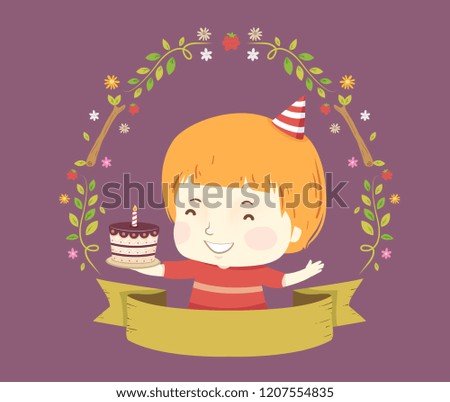 Illustration of a Kid Boy Holding a Birthday Cake with Woodland Frame and Ribbon