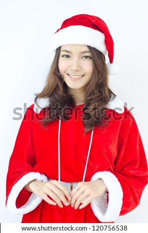 Smiley Asian woman in Santa cloth.