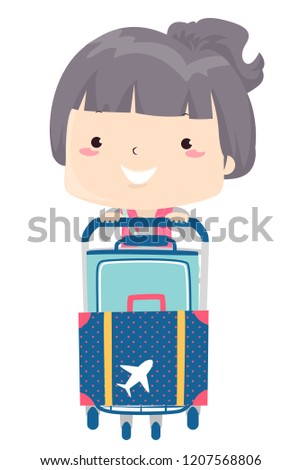 Illustration of a Kid Girl Pushing a Baggage Cart with Her Luggage at the Airport