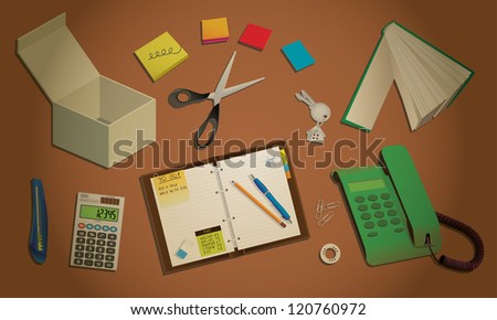 Office desktop with typical equipment, illustration
