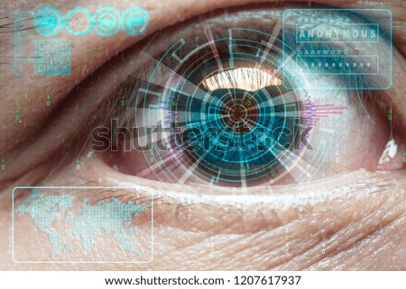 Eye with blue futuristic digital hologram. Biometrics and access concept. Double exposure