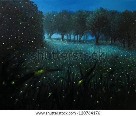 An oil painting on canvas of a night scene with fireflies and forest meadow shining in bright blue by the moon light, creating a fairy tale feeling about the landscape.