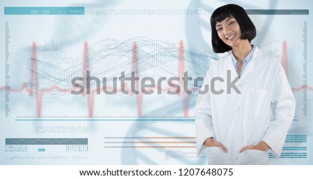 Doctor standing with hands in pocket against white background against genes diagram on white background