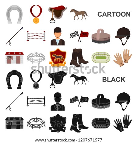 Hippodrome and horse cartoon icons in set collection for design. Horse Racing and Equipment vector symbol stock web illustration.
