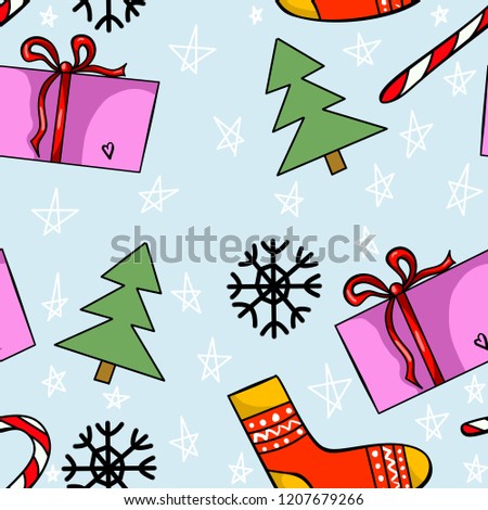 Seamless pattern with christmas tree, snow flakes, toys, gift and stars on blue pink background. Wrapping paper and fabric design.