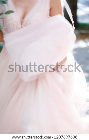 blur background of Hands of the bride on a wedding dress on a sunny day.