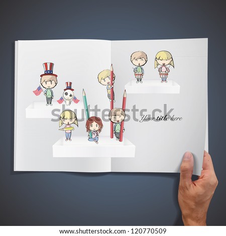 Kids on shelves printed on white book. Vector design.