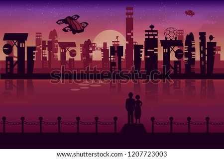 Futuristic city. Family. Night walks. Romantic sunset. Lovers. Taxi drone. Smart city. Futuristic technology.Infographic.Hybrid car. Royalty-Free Stock Photo #1207723003