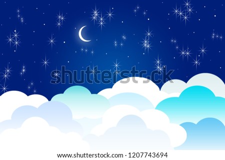 Fantasy background, with Moon and clouds against a blue starry sky in the night.