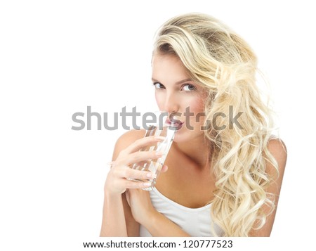 portrait of attractive  caucasian  woman isolated on white studio shot drinking water