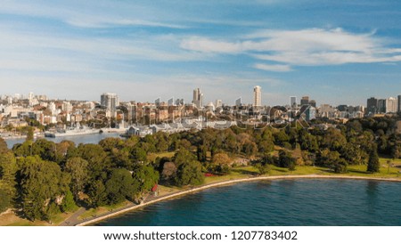 Sydney, Australia. Aerial view of City Harbour with buildings and bay.