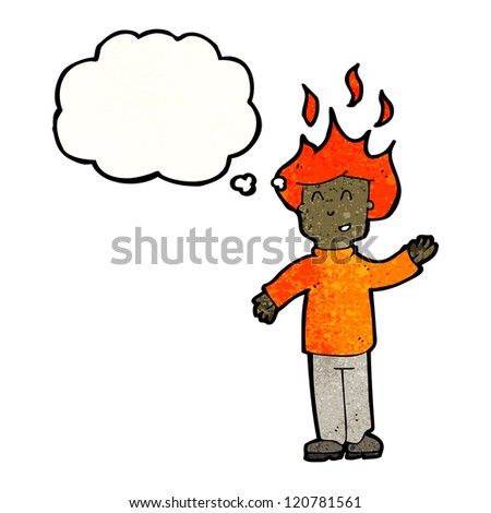 cartoon man with hair on fire