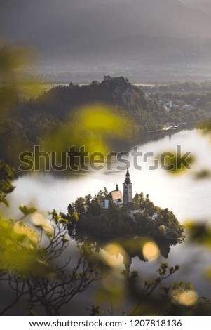 Picture of an island on lake Bled taken from Mala Osojnica outlook. Slovenia, Triglav National Park