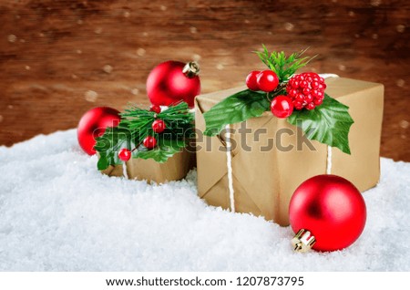 Christmas winter background with gifts, colored balls and christmas branches. Christmas background concept
