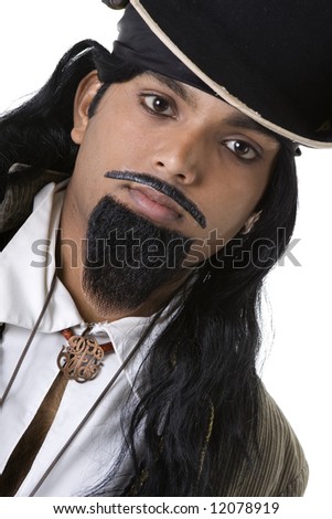 Adult Male Indian Model dressed as pirate over white background