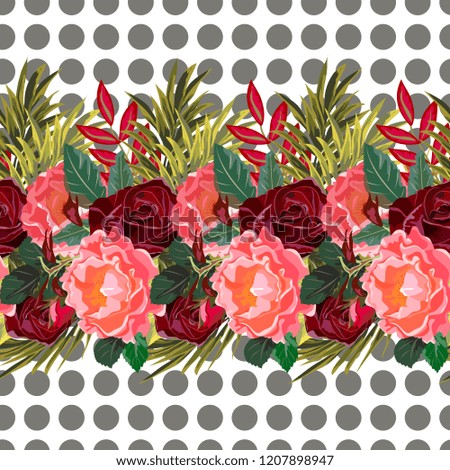Seamless background with beautiful roses and dots. Design for cloth, wallpaper, gift wrapping. Print for silk, calico and home textiles.Vintage natural pattern.Raster copy.