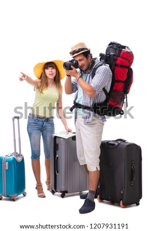 Young family preparing for vacation travel on white